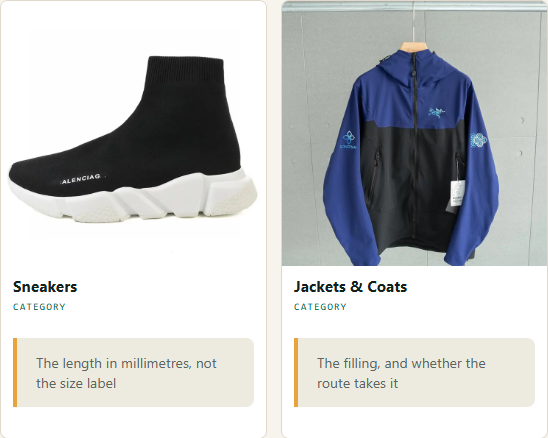 Product categories and the checks shown on this website