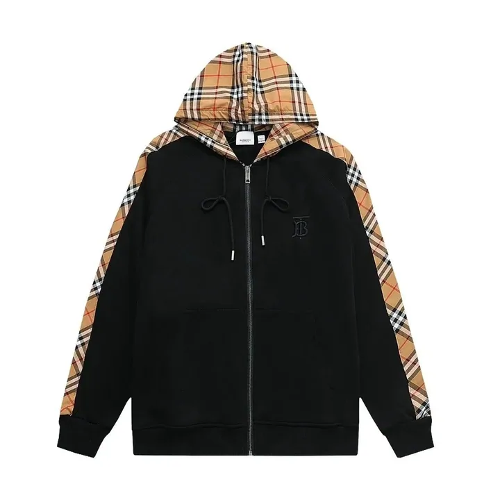Black zip hoodie with checked hood