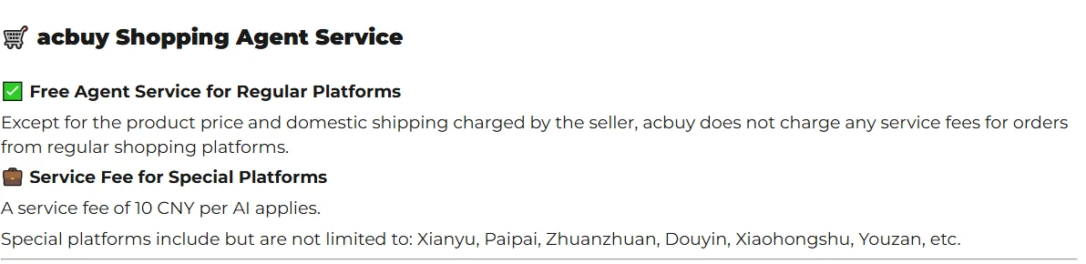 ACBuy service fee page: free agent service for regular platforms, and a 10 CNY service fee for special platforms such as Xianyu, Paipai, Zhuanzhuan, Douyin, Xiaohongshu and Youzan