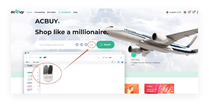 ACBuy guide screenshot: the picture icon inside the ACBuy search box is circled, with a file picker open to choose an image