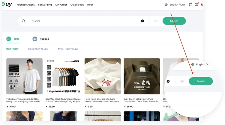 ACBuy keyword search results for a T-shirt, with 1688 and Taobao tabs, sort controls for best match, sales and price, and a grid of listings with prices in yuan